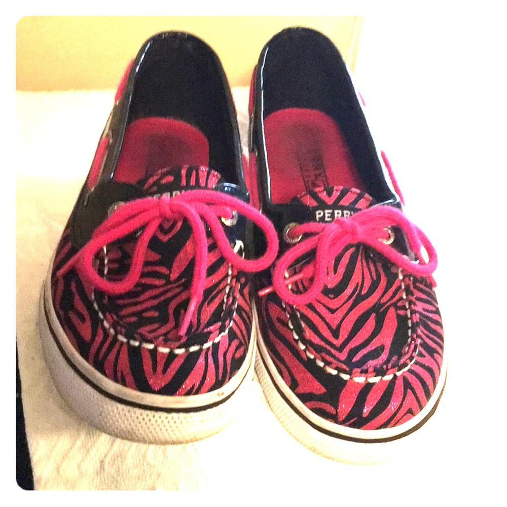 Sperry Slip Ons Pink an Black Zebra Striped